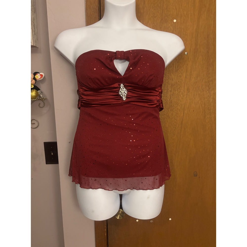 Y2K Trixxi Womens Red Sparkle Rhinestone Bow Strapless Going-Out Top Size S